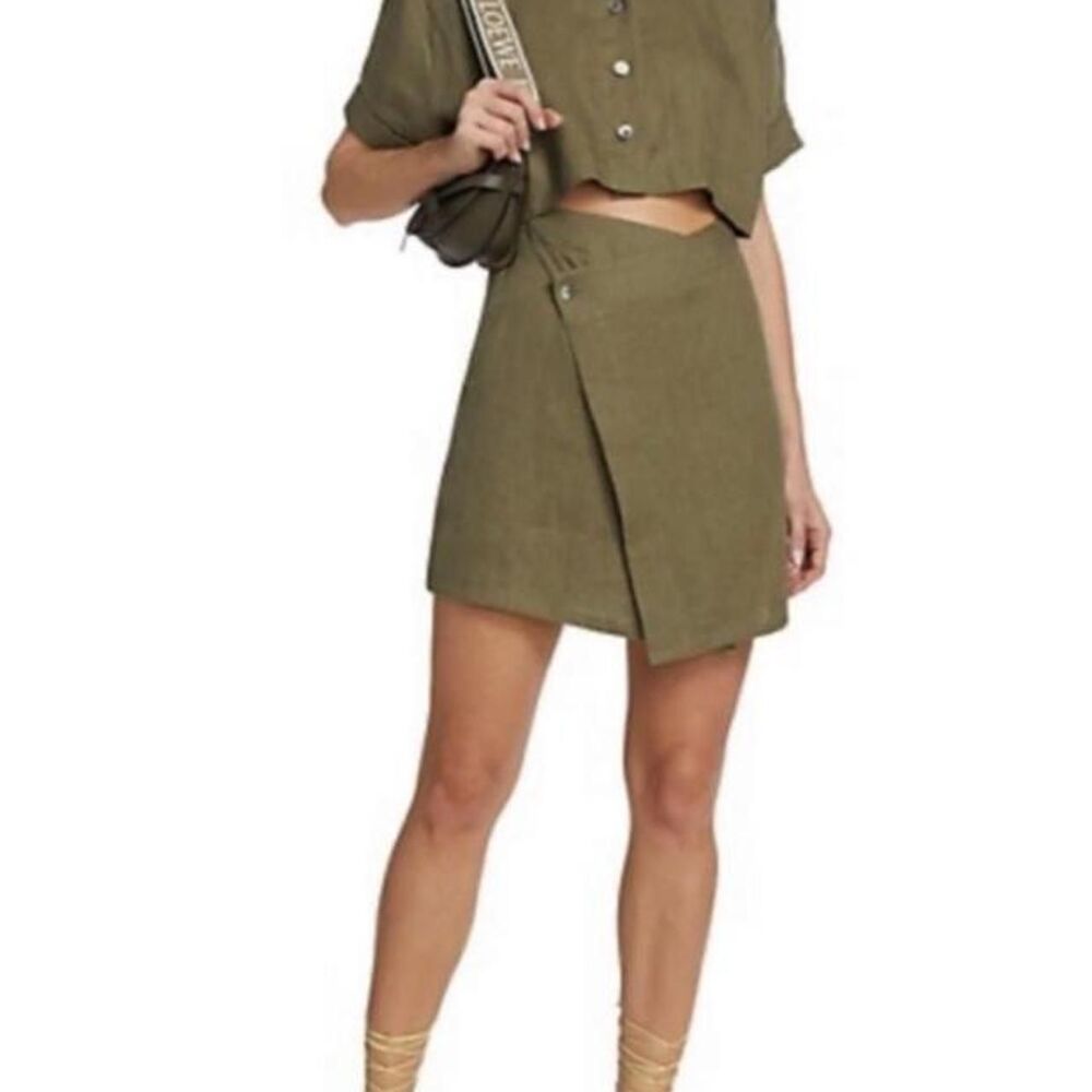 Hevron Melanie 100% Linen Cut Out Mini Dress M Olive Green Resort
